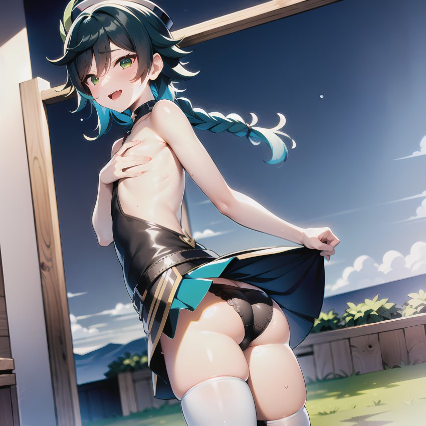 1boy ai_generated alternate_costume ass ass_cleavage black_hair butt_crack come_hither crossdressing dress from_behind genshin_impact green_eyes hat jacket long_hair looking_at_viewer naughty_face open_mouth panties shiny shiny_clothes shiny_hair shiny_skin skirt skirt_hold skirt_lift smile solo sweat thick_thighs thighhighs trap venti_(genshin_impact)