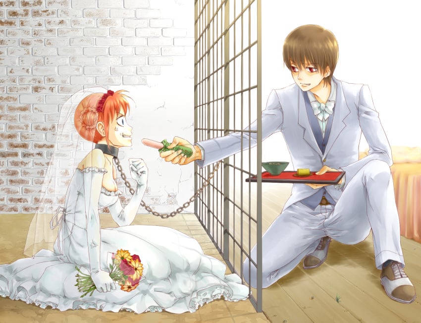 1boy 1girls alternate_costume anger_vein angry bouquet bridal_veil bride brown_hair cell chain_leash chained chains cleavage clenched_teeth collar double_bun elbow_gloves female femsub food frills full_body fully_clothed gintama groom humiliation husband_and_wife kagura_(gintama) light_brown_hair male maledom married_couple nammy okita_sougo orange_hair phallic_symbol prison prisoner profile red_eyes sadism sausage sexually_suggestive wedding wedding_dress white_gloves