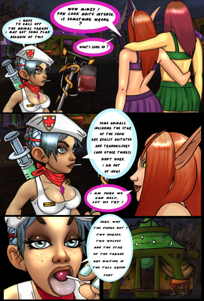 3girls blizzard_entertainment blood_elf brown_hair comic comic_page darkmoon_faire elly_(mirroruniverse) gnome gnome_(warcraft) green_eyes human human_(world_of_warcraft) light-skinned_female light_skin mimzy_(grotkicker) miniskirt multiple_girls original_character red_hair shina tyurru warcraft white_hair world_of_warcraft