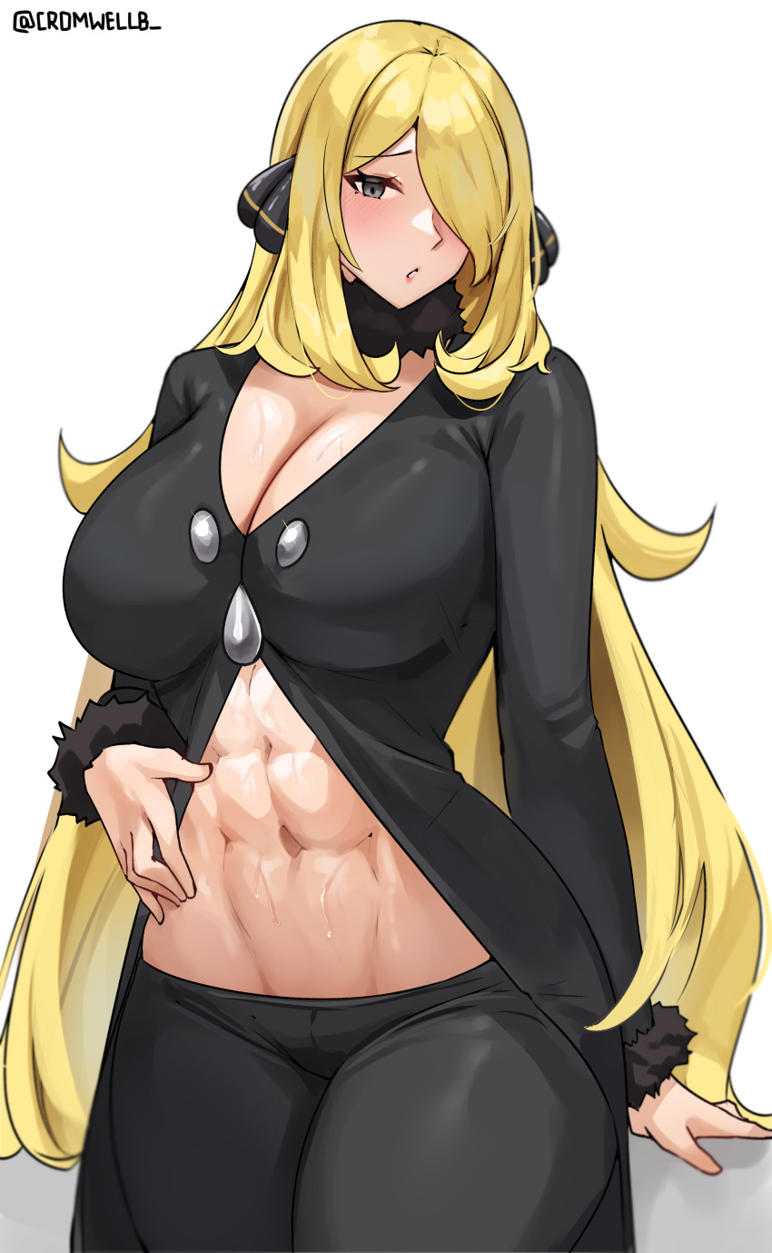 1girls abs blonde_hair blush breasts clothed cromwellb cynthia_(pokemon) female fur_collar hair_ornament hair_over_one_eye high_resolution large_breasts long_hair looking_at_viewer nintendo pokemon pokemon_dppt sweat sweaty_body thick_thighs