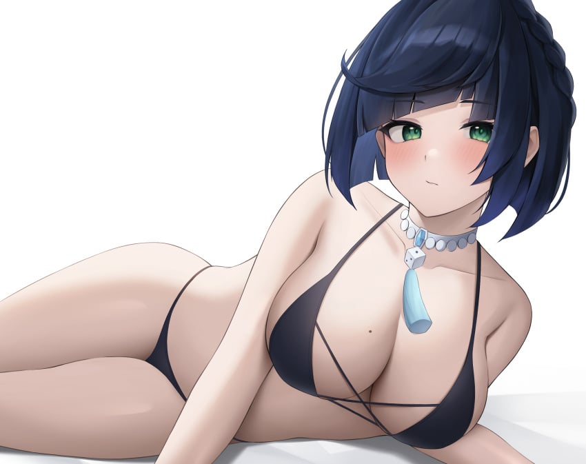 :/ absurdres alternate_costume bangs bare_arms bare_shoulders beads bikini black_bikini blue_hair blush braid breasts choker closed_mouth collarbone cross-laced_clothes dark_blue_hair diagonal_bangs dice female female genshin_impact halterneck highres large_breasts looking_at_viewer lying mole mole_on_breast neck_tassel on_side short_hair simple_background solo string_bikini swimsuit thighs tsubaki_0317 white_background white_choker yelan_(genshin_impact)