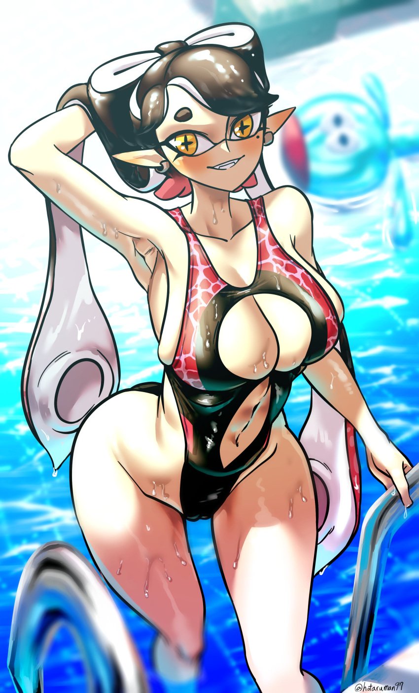 arm_behind_head arm_up armpit armpit_crease armpit_fetish armpits big_breasts callie_(splatoon) cameltoe dripping dripping_wet getting_out_of_pool hotaruman97 inkling pool pool_ladder presenting_armpit presenting_armpits splatoon splatoon_(series) squid_sisters swimsuit wet wet_skin