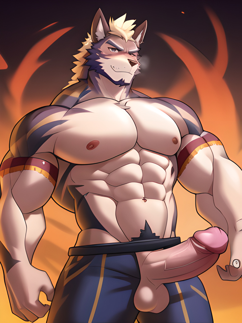 1boy abs ai_generated animal_ears anthro bara bare_pectorals blush body_hair brown_fur brown_hair bulge chest_hair clothing_cutout completely_nude erection facial_hair feet_out_of_frame forked_eyebrows furry furry_male goatee hairy large_pectorals long_sideburns male_focus male_pubic_hair mature_male medium_hair muscular muscular_male naked_shirt navel navel_hair nipple_tweak nipples nude pectoral_press pectorals penis short_hair sideburns solo stable_diffusion stomach stubble thick_thighs thighs tight uncensored upper_body veins veiny_penis wolf_boy yaoi