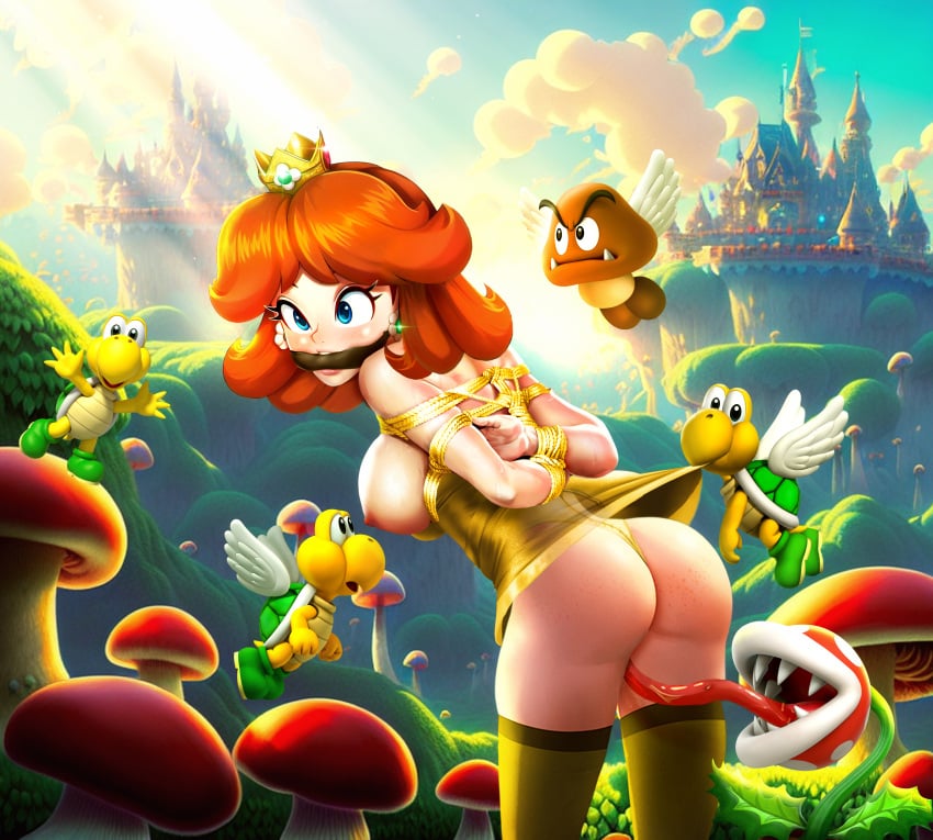 1girls arms_behind_back arms_tied arms_tied_behind_back ass big_breasts bit_gag blue_eyes bondage bound bound_arms bound_wrists breasts brown_hair crown earrings enslaved_royal female femsub gag gagged goomba helpless koopa lingerie long_tongue looking_at_viewer looking_back mario_(series) nintendo nipples paragoomba paratroopa piranha_plant princess_daisy rape restraintly rope rope_bondage rope_harness royalty saliva sideboob stockings submissive submissive_female super_mario_bros. thighhighs tongue tongue_in_anus