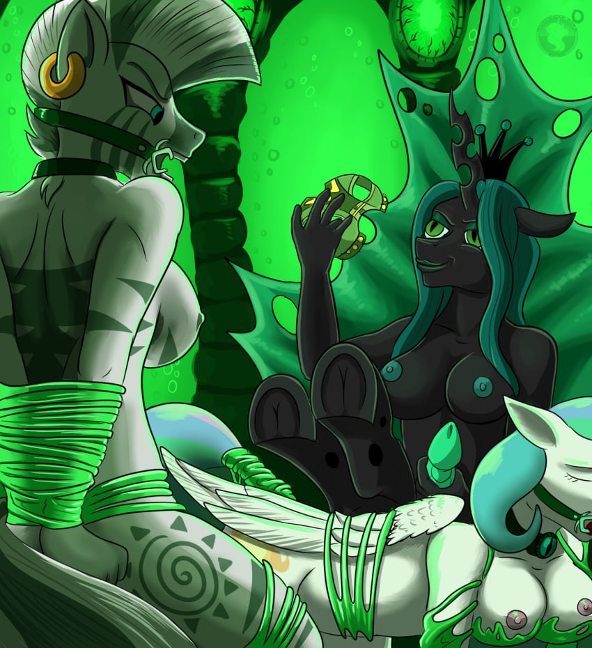 alicorn anthro arthropod bondage bound collar equid equine female female/female friendship_is_magic gag genitals group gynomorph hasbro hi_res holding_penis hooves horn intersex intersex/female kneeling mammal mask my_little_pony nude penis princess_celestia_(mlp) quakehoof queen_chrysalis_(mlp) ring_gag slime straight_hair throne_room trio underhoof wings zebra zecora_(mlp)