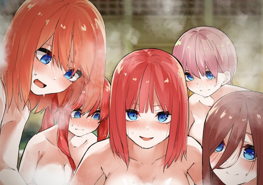 5girls bangs blue_eyes blush breasts collarbone completely_nude go-toubun_no_hanayome hair_between_eyes highres large_breasts long_hair looking_at_viewer mame1645 medium_hair multiple_girls nakano_ichika nakano_itsuki nakano_miku nakano_nino nakano_yotsuba nude onsen open_mouth orange_hair pink_hair quintuplets red_hair short_hair siblings sisters smile you_gonna_get_raped