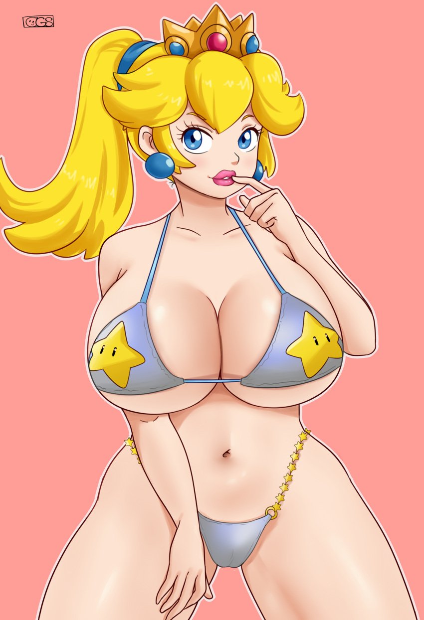 1girls big_breasts big_lips bikini bikini_bottom bikini_top blonde_hair blue_eyes breasts cleavage crown ear_piercing earrings female female_only gummslime hair headwear huge_breasts kero2099 lips lipstick mario_(series) nintendo pink_lips pink_lipstick ponytail princess_peach solo solo_female star swimwear thick_lips thighs