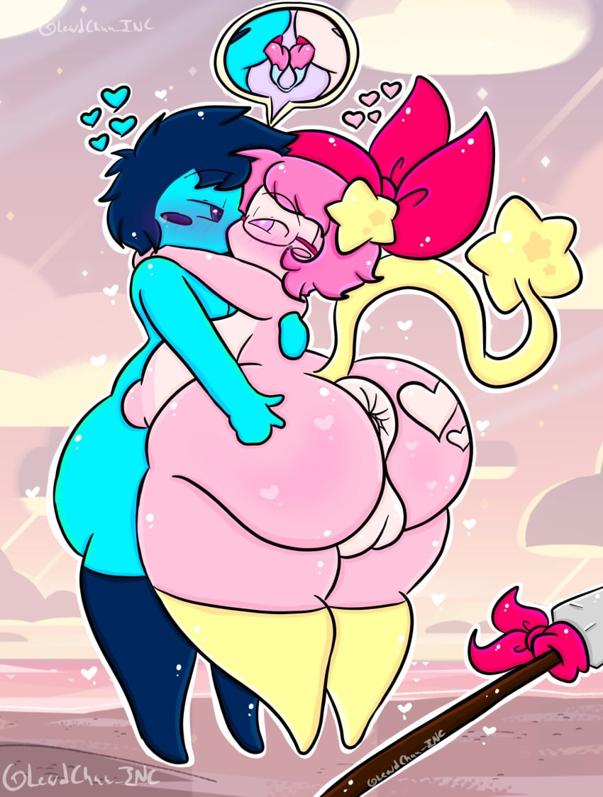 anthro anus ass bandana bandana_waddle_dee big_breasts big_butt blue_body blue_hair breasts duo eyewear female french_kissing genitals glasses hair heart hi_res huge_breasts huge_butt kerchief kirby_(series) kissing lewdchuu_(artist) male male/female melee_weapon nintendo pink_body pink_eyes pink_hair polearm pussy spear tongue waddle_dee weapon