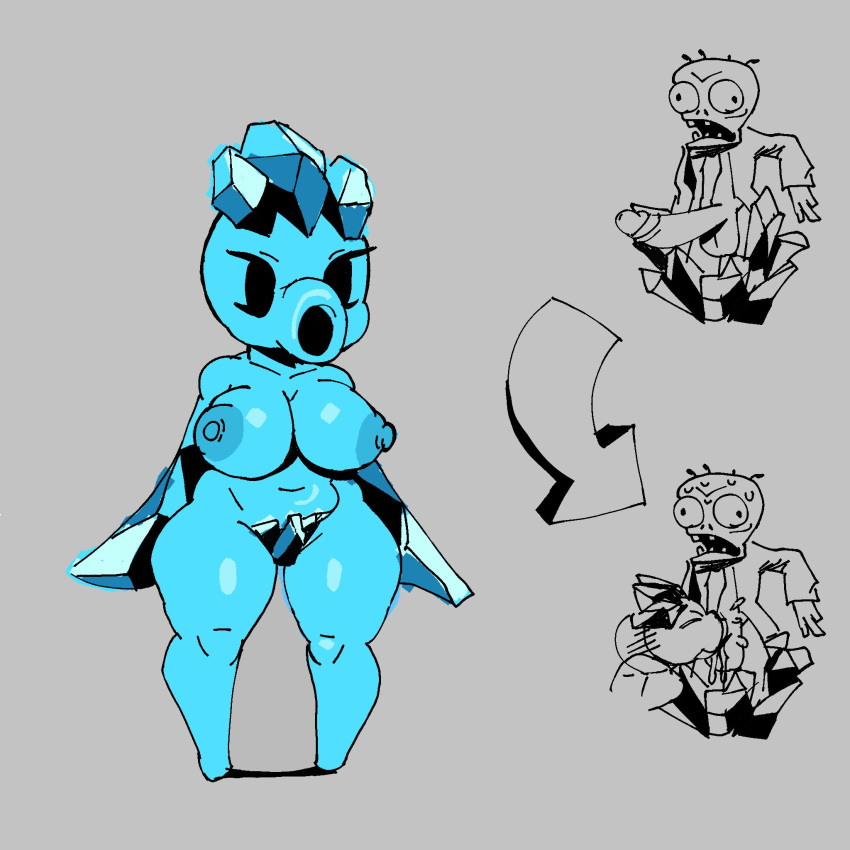 anthro areola azllimaz beady_eyes big_breasts black_eyes blue_areola blue_body blue_nipples bodily_fluids breasts dicksucking_creature duo electronic_arts elemental_creature elemental_humanoid eyelashes fellatio female flora_fauna genitals grey_background hi_res humanoid ice ice_creature ice_humanoid ice_pubes male male/female mineral_fauna mineral_humanoid navel nipples oral penile penis plant plant_humanoid plantie plants_vs._zombies plants_vs_zombies popcap_games sex simple_background slightly_chubby snow_pea_(pvz) sweat sweatdrop thick_thighs undead unusual_pubes wide_hips zombie