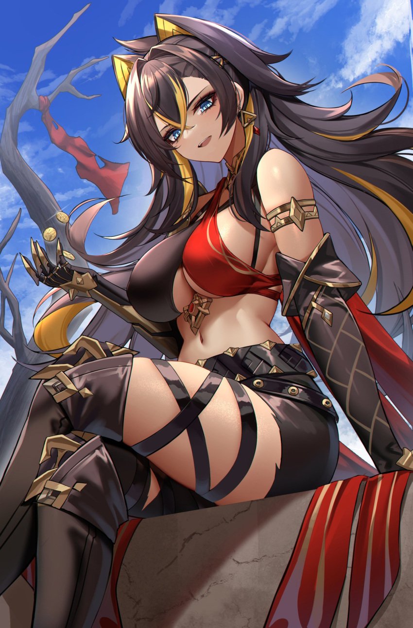 1girls bangs bare_shoulders black_hair blue_eyes breasts crossed_bangs crossed_legs dark-skinned_female dehya_(genshin_impact) desert earrings eternity_(shadeh) female female_only from_below genshin_impact gloves hair_between_eyes hair_ears halterneck highres jewelry large_breasts long_hair looking_at_viewer multicolored_hair navel sitting solo streaked_hair tan_skin two-tone_hair