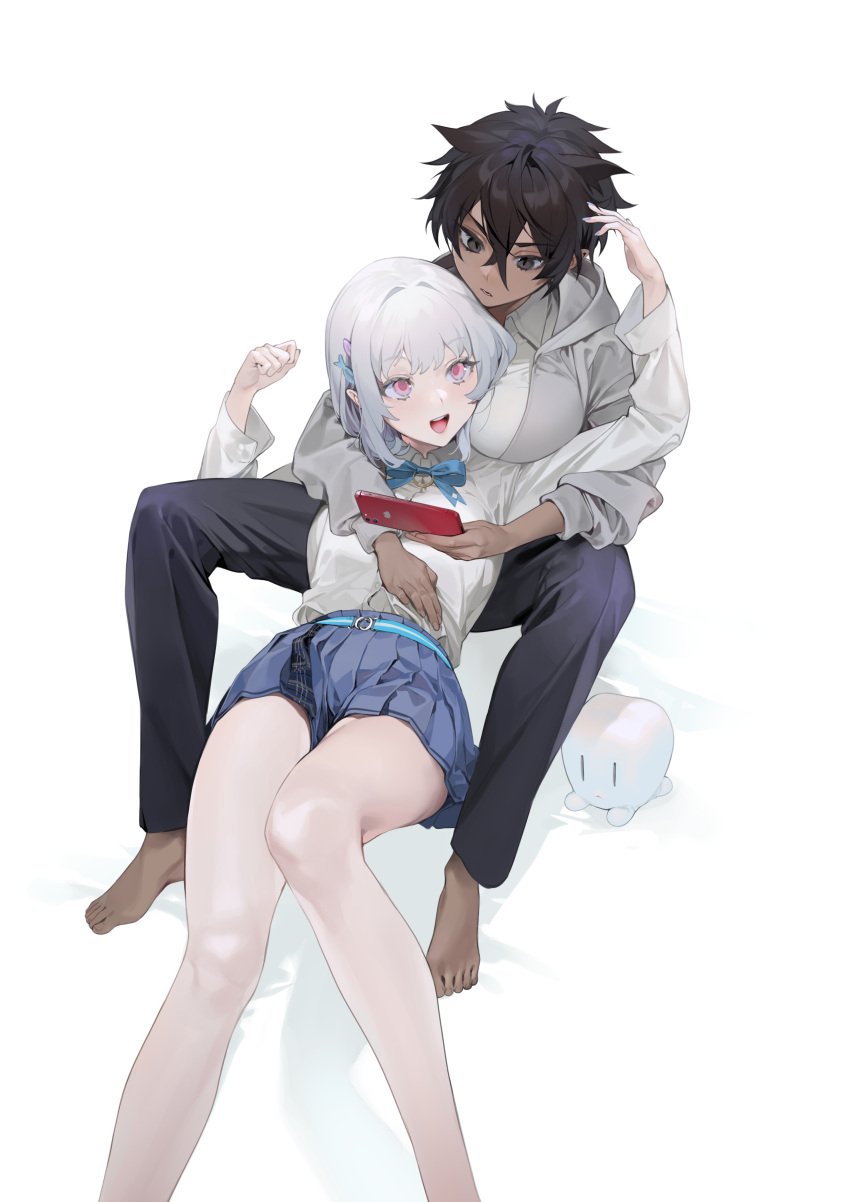 2girls albino bare_legs black_eyes black_hair black_pants blue_ribbon blue_skirt breast_press breasts collared_shirt cute dark-skinned_female female female_only grey_jacket hair_between_eyes hair_ornament highres holding_phone jacket large_breasts legs long_sleeves looking_at_another lying_on_person medium_hair micchan_(ohisashiburi) nacchan_(ohisashiburi) ohisashiburi on_back open_clothes original original_character original_characters pants pink_eyes pleated_skirt plushie ribbon safe sfw shirt short_hair skirt smartphone thighs tomboy very_short_hair white_background white_hair white_shirt yuri