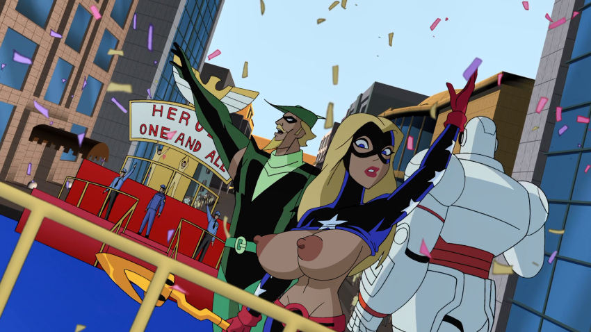 1girls big_breasts blonde blonde_hair breasts confetti dc dc_comics dcau green_arrow high_resolution justice_league justice_league_unlimited lipstick nipples parade png s.t.r.i.p.e. screenshot security_guard shirt_up stargirl woot