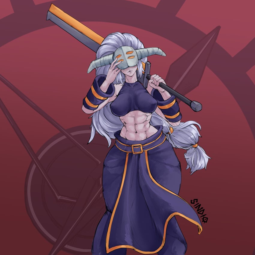 4_eyes abdomen abdominals abs big_hips big_sword dead_cells female female_focus female_only hips_wider_than_shoulders horn horns long_hair mask masked masked_female multi_eye muscle muscles muscular muscular_female pale_skin perky_breasts perky_nipples pink_skin ponytail purple ripped silver_hair sindio sword tight_clothing tight_fit tight_shirt time_keeper timekeeper timekeeper_(dead_cells) white_hair wide_hips