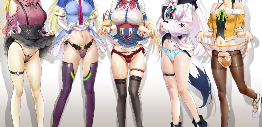 5girls absurdres akai_haato aki_rosenthal bare_shoulders blonde_hair boots bow bowtie breasts brown_hair collarbone corset dress elbow_gloves fox_girl frills gloves head_out_of_frame heart_o-ring high_heels highres hololive hololive_gamers hololive_gen_1 hololive_japan kuroi_suna lace-trimmed_panties lace_trim large_breasts long_hair long_sleeves multiple_girls natsuiro_matsuri navel necktie off-shoulder_shirt off_shoulder panties pantyhose ribbon shirakami_fubuki shirt short_sleeves skirt standing standing_on_one_leg suspender_skirt suspenders tail thigh_gap thigh_strap thighhighs thighs twintails underwear very_long_hair virtual_youtuber white_hair yozora_mel