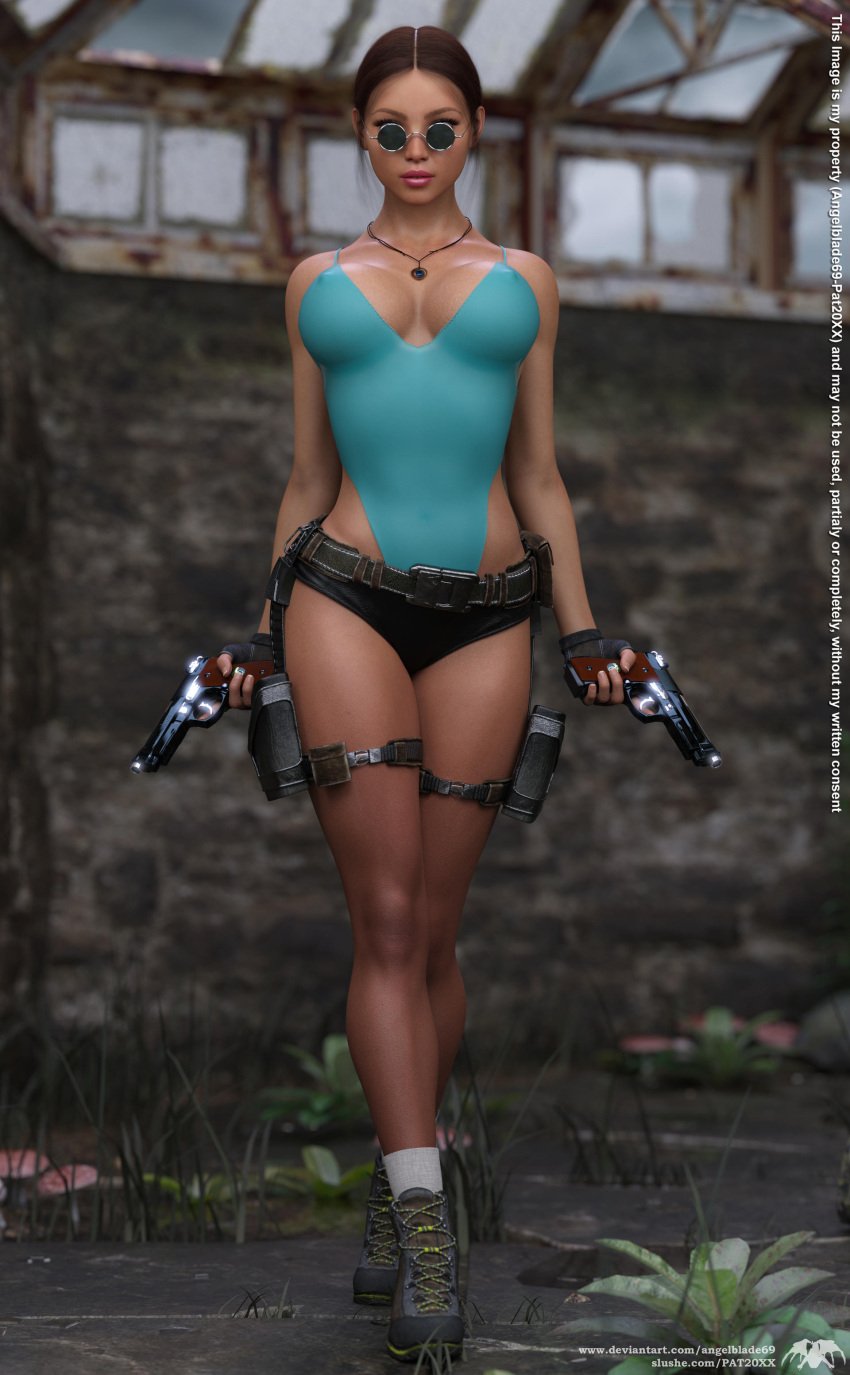 3d angelblade69 beretta_92_(weapon) braid breasts brown_hair busty female female_focus female_only gun hotpants hourglass_figure lara_croft lara_croft_(classic) leotard long_hair pistol short_shorts standing sunglasses tagme thigh_holster thong_leotard tinted_eyewear tomb_raider wide_hips