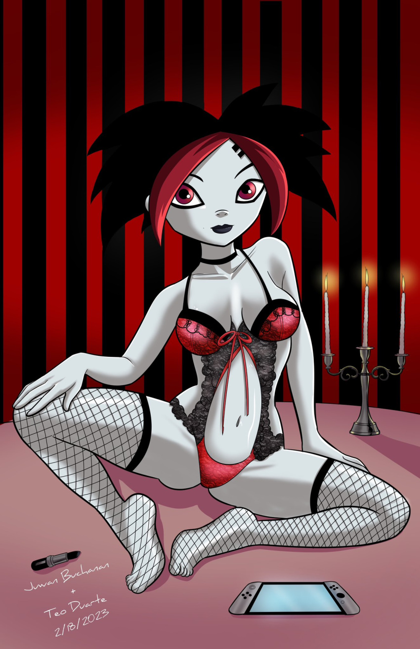 1girls argent_(dc) ass bangs black_hair black_lipstick bra breasts candles choker dc dc_comics eyeliner fishnets game_console goth hair_clip hand_on_leg juwan_buchanan lingerie lipstick looking_at_viewer navel pale-skinned_female pale_skin panties red_eyes red_hair red_highlights short_hair sitting solo teen_titans toni_monetti two_tone_hair watermark