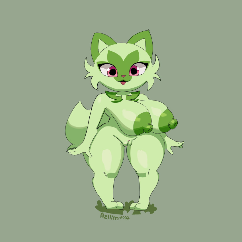 2020s 2022 anthro areola azllimaz big_breasts breasts cheek_tuft facial_markings facial_tuft female fur genitals green_areola green_background green_body green_fur green_nipples head_markings hi_res huge_breasts markings nintendo nipples nude open_mouth pink_eyes pokémon_(species) pokemon pokemon_sv pussy simple_background solo sprigatito thick_thighs tuft wide_hips