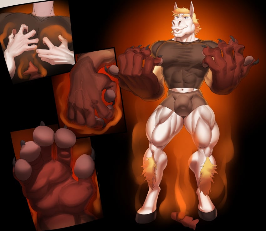 absurd_res anthro blonde_hair bottomwear bulge clothed clothing dawnheart equid equine fur genital_growth growth hair hand_focus hi_res hooves horse justmegabenewell male mammal muscle_growth muscular paws penis_growth shorts solo species_transformation transformation white_body white_fur