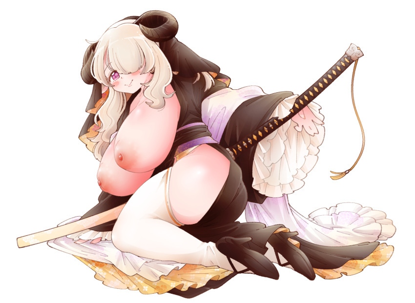 1girls areolae blonde_hair blush_stickers breasts female female_only heels holding_sword holding_weapon horns huge_breasts inori_marie katana kneeling kouya_no_naga_samurai large_breasts light-skinned_female light_skin long_hair nipples pink_eyes sayonara_vespa sheep_girl sheep_horns smile solo sword virtual_youtuber white_hair white_thighhighs