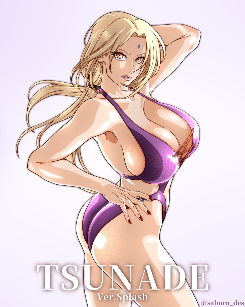 1girls arm_behind_head ass big_breasts blonde_hair breasts brown_eyes busty character_name cleavage female female_only from_behind highres huge_breasts lipstick looking_at_viewer makeup mature mature_female nail_polish naruto naruto_(series) naruto_shippuden one-piece_swimsuit pinup pose posing revealing_swimsuit saburo_des solo solo_focus swimsuit text tsunade url voluptuous watermark web_address