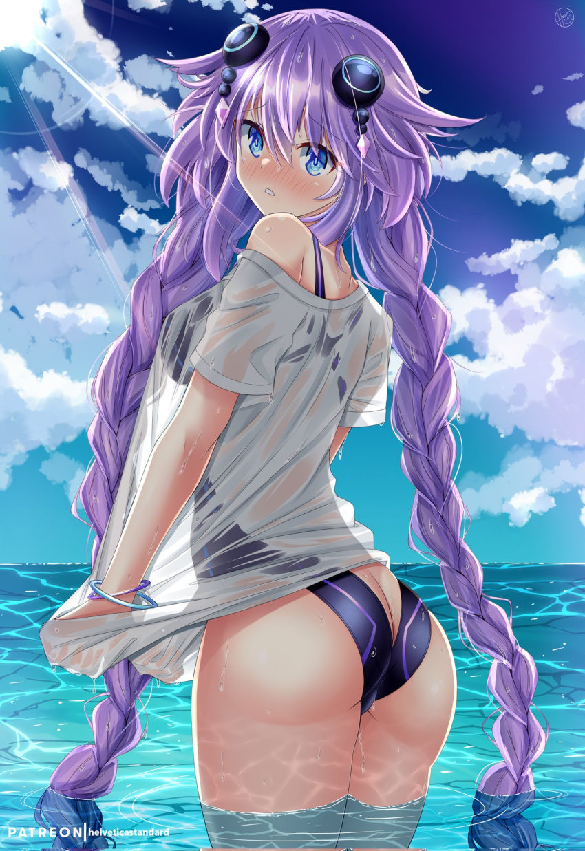 1girls absurd_res ass ass_cleavage bare_shoulders blue_eyes blush braid breasts butt_crack embarrassed from_behind hair_between_eyes hair_ornament hairclip helvetica_std highres long_hair looking_at_viewer looking_back medium_breasts neptunia_(series) off_shoulder one_piece_swimsuit parted_lips purple_hair purple_heart_(neptunia) see-through shiny_skin shirt sideboob solo swimsuit symbol-shaped_pupils t-shirt twin_braids very_long_hair wading water wet wet_clothes wet_hair wet_shirt white_shirt