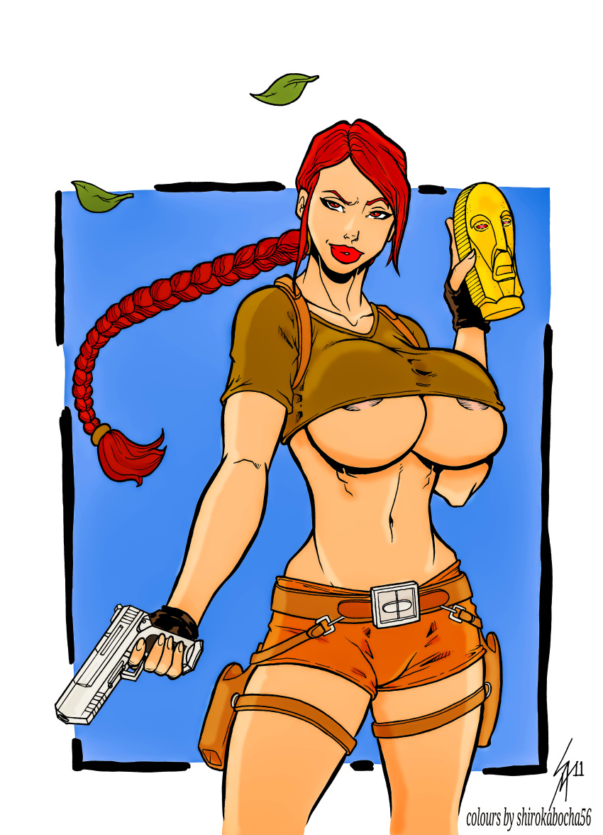 1girls areola_slip areolae athletic athletic_female bare_midriff belt belt_buckle big_breasts braid braided_hair breasts brown_eyes brown_hair busty color crop_top desert_eagle edit female female_focus female_only gun hotpants hourglass_figure lara_croft lara_croft_(classic) lipstick long_hair navel overflowing_breasts pistol ribs sam7 shirokabocha56 short_shorts solo standing thigh_holster tomb_raider underboob wide_hips