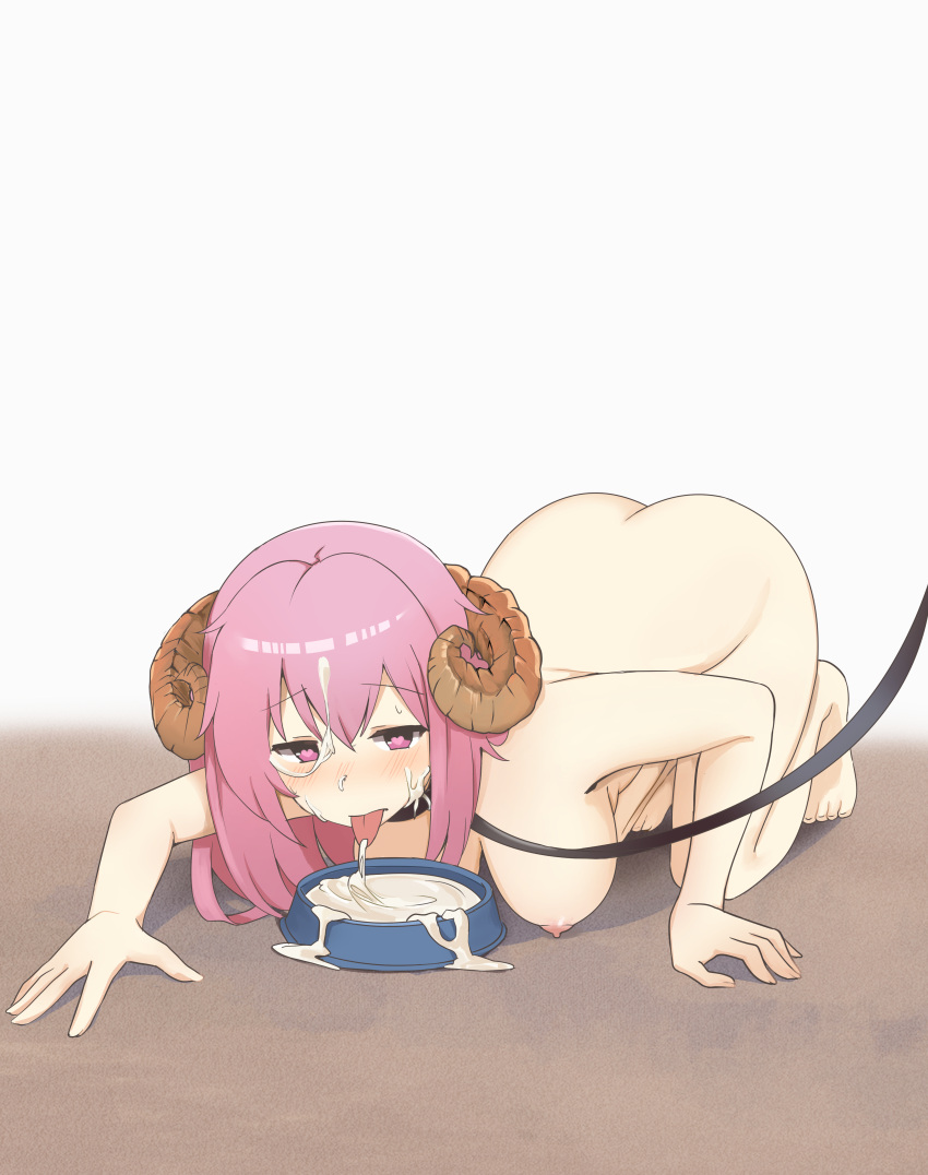 absurdres bowl breasts collar cum cum_in_bowl cum_in_container dog_bowl female heart-shaped_pupils highres horns kaneko_mimi large_breasts leash light_purple_hair long_hair nude original pet_bowl pet_play purple_eyes sheep_girl sheep_horns shuwe001 symbol-shaped_pupils