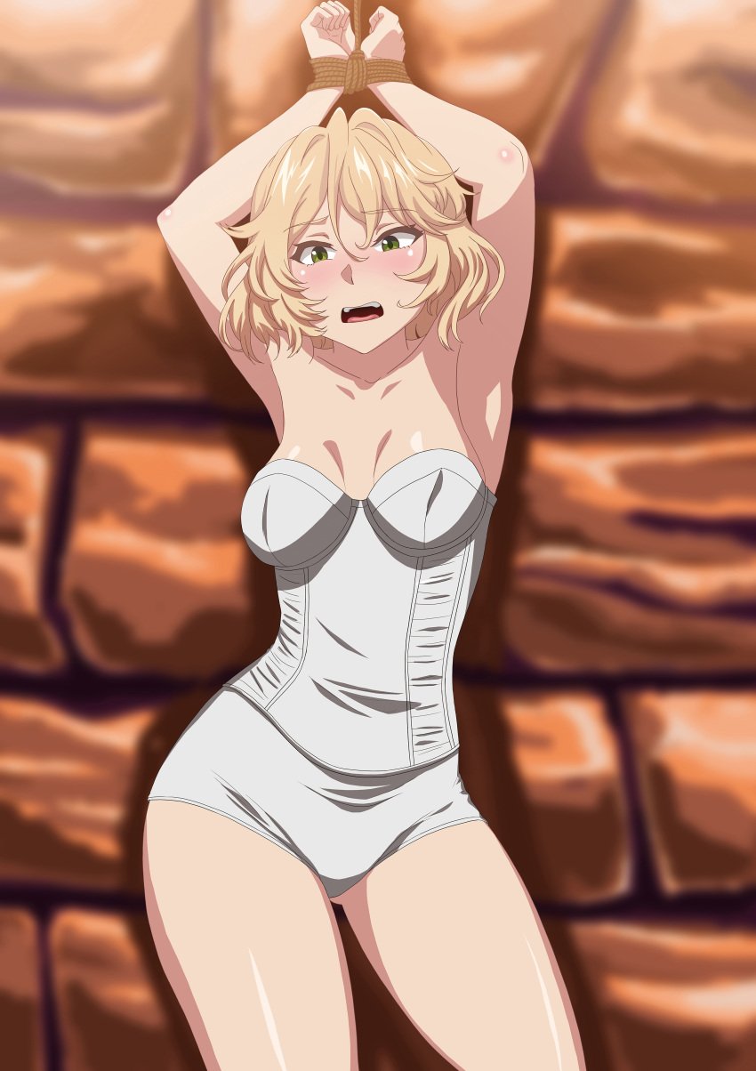 armpits blade_(redo_of_healer) blonde_hair blush bondage bound_wrists breasts charka charka_(navaljin) clavicle corset female green_eyes high_resolution looking_at_viewer medium_breasts open_mouth pantsu redo_of_healer restrained shiny shiny_hair shiny_skin short_hair solo underwear very_high_resolution white_panties white_underwear