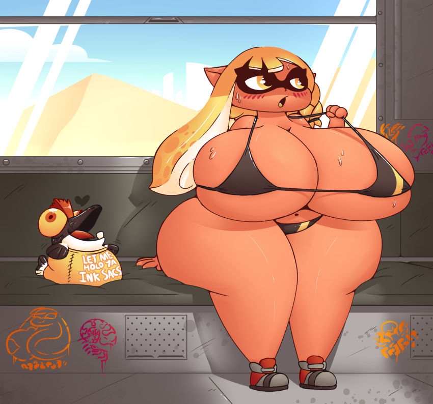 1girls animal_humanoid anthro big_breasts bikini bikini_pull blush boots cephalopod cephalopod_humanoid exaggerated_anatomy female fur_breasts fur_thick_thighs humanoid huztar inkling inkling_girl little_buddy_(splatoon_3) mask_(marking) new_agent_3_(splatoon) nintendo pointy_ears pseudo_hair salmonid splatoon splatoon_(series) splatoon_3 squid sweat tagme tan_skin tentacle tentacle_hair train train_interior veronika_(splatoon) yellow_eyes yellow_hair