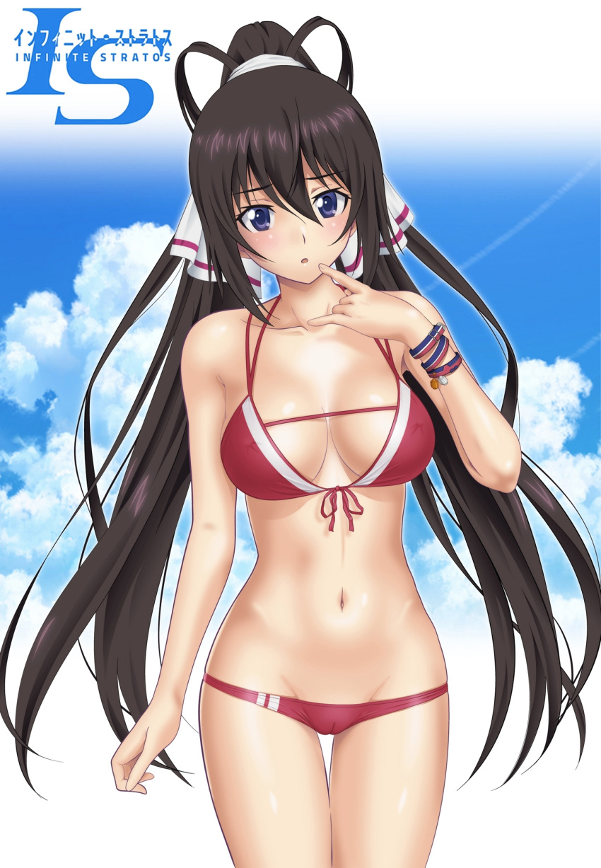 bikini blue_eyes breasts curvaceous curvy curvy_body curvy_female curvy_figure dark_hair infinite_stratos nanikairu pasya-pasya ponytail red_bikini ribbon shinonono_houki shy sky tease teasing teasing_viewer wristband