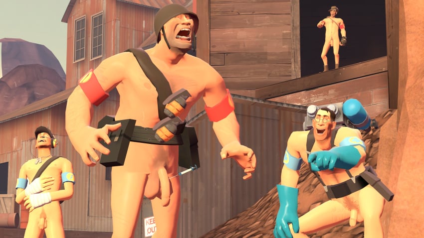 4boys armbands bandolier baseball_cap big_balls circumcised cute dick dog_tags feet_out_of_frame flaccid_penis gloves grenades hat headset humor joke laughing male male_only medic medic_(team_fortress_2) naked outdoor_nudity pain penis penis_size_difference pubic_hair scout scout_(team_fortress_2) sfm small_penis sniper sniper_(team_fortress_2) soldier soldier_(team_fortress_2) source_filmmaker syringe team_fortress_2 tf2 utility_belt wrapped_hands