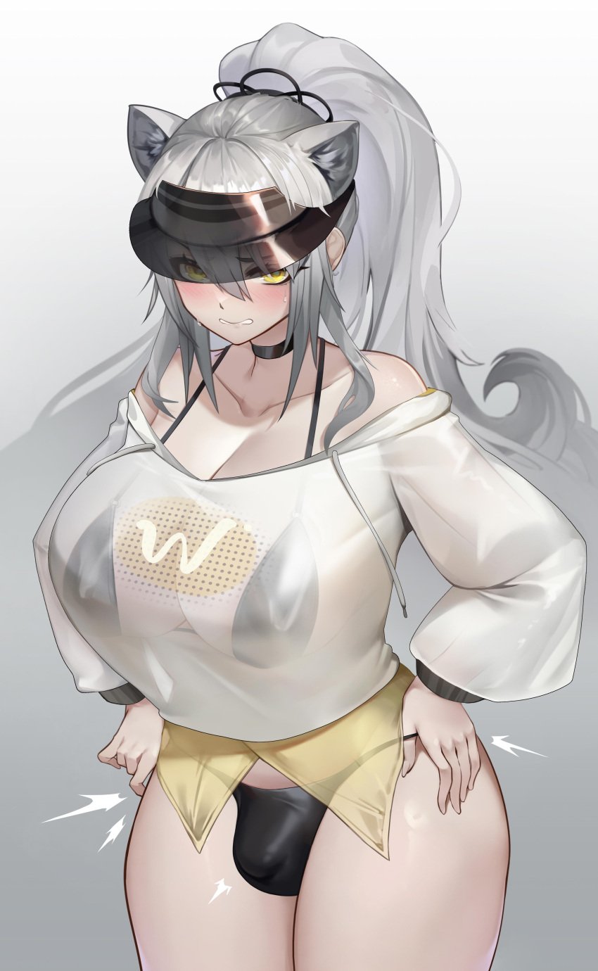 1futa absurdres animal_ears arknights balls bare_shoulders bikini black_hair blush breasts bulge cat_ears choker cleavage clothed clothing futa_only futanari gins grey_hair hands_on_hips hanee highres hoodie humanoid kemonomimi large_breasts light-skinned_futanari light_skin long_hair long_sleeves parted_lips partially_clothed penis ponytail schwarz_(arknights) see-through small_penis solo standing sweat thick_thighs variant_set visor_cap wide_hips yellow_eyes