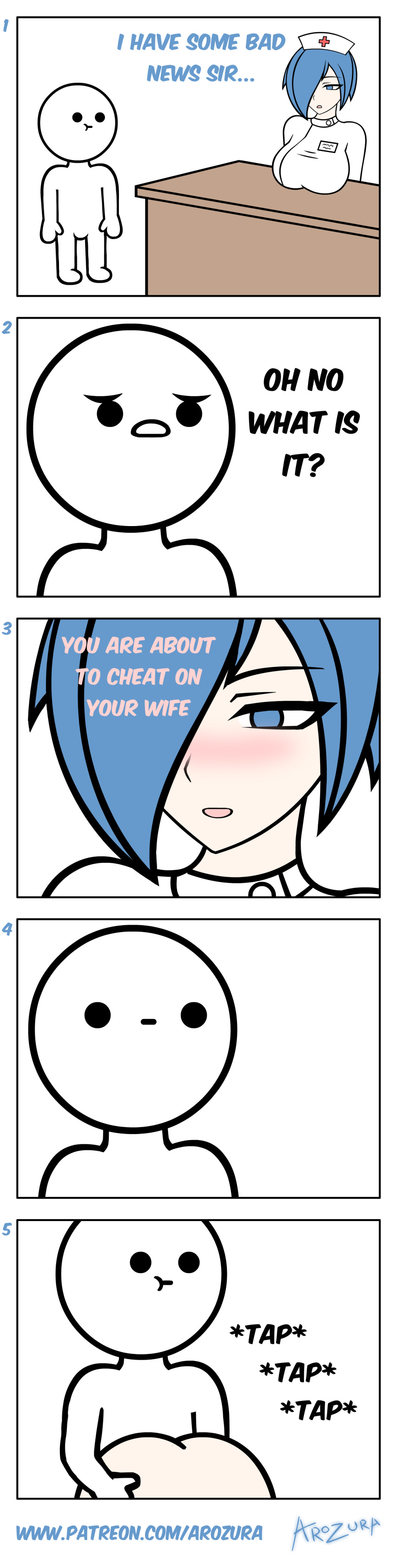 ambiguous_penetration arozura_(artist) ass big_breasts blue_eyes blue_hair blush blushing butt cheating cheating_wife color colored comic dialog dialogue female_penetrated funny humor male_penetrating nurse nurse_cap nurse_uniform simple_background tagme text unknown_character white_background