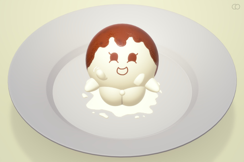 anthro ball_with_hyper_features chocolate female food food_creature happy_eyes hyper_pussy ice_cream laying_down liquid paint_3d plate plump_labia puffy_maker pussy smile vanilla vanilly_(puffy_maker) watermark waving