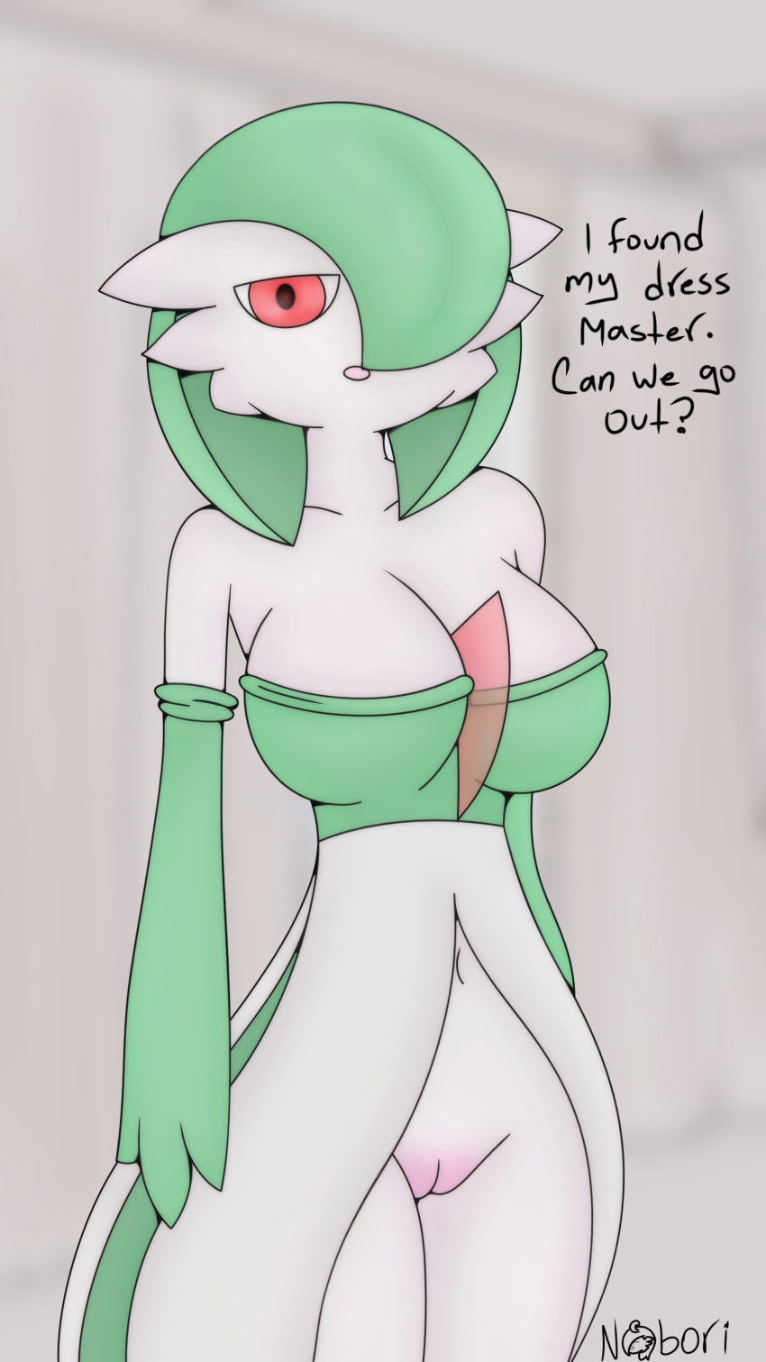 2022 3_fingers absurd_res anthro_only armwear big_breasts bottomless breasts cleavage clothed clothing dialogue elbow_gloves english_text female fingers gardevoir genitals gloves green_hair hair hair_over_eye handwear hi_res humanoid jade_(nobori) no_underwear nobori not_furry one_eye_obstructed open_mouth pokémon_(species) pokemon pokemon_(species) pussy red_eyes signature simple_background solo talking_to_viewer text white_background