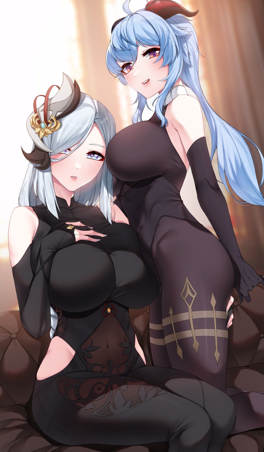 2girls ahoge akchu blue_eyes blue_hair blush bodystocking breasts female ganyu_(genshin_impact) genshin_impact hair_ornament hair_over_one_eye high_resolution hips horns large_breasts light-skinned_female light_skin long_hair purple_eyes shenhe_(genshin_impact) slim_waist smile thick_thighs thighs white_hair wide_hips