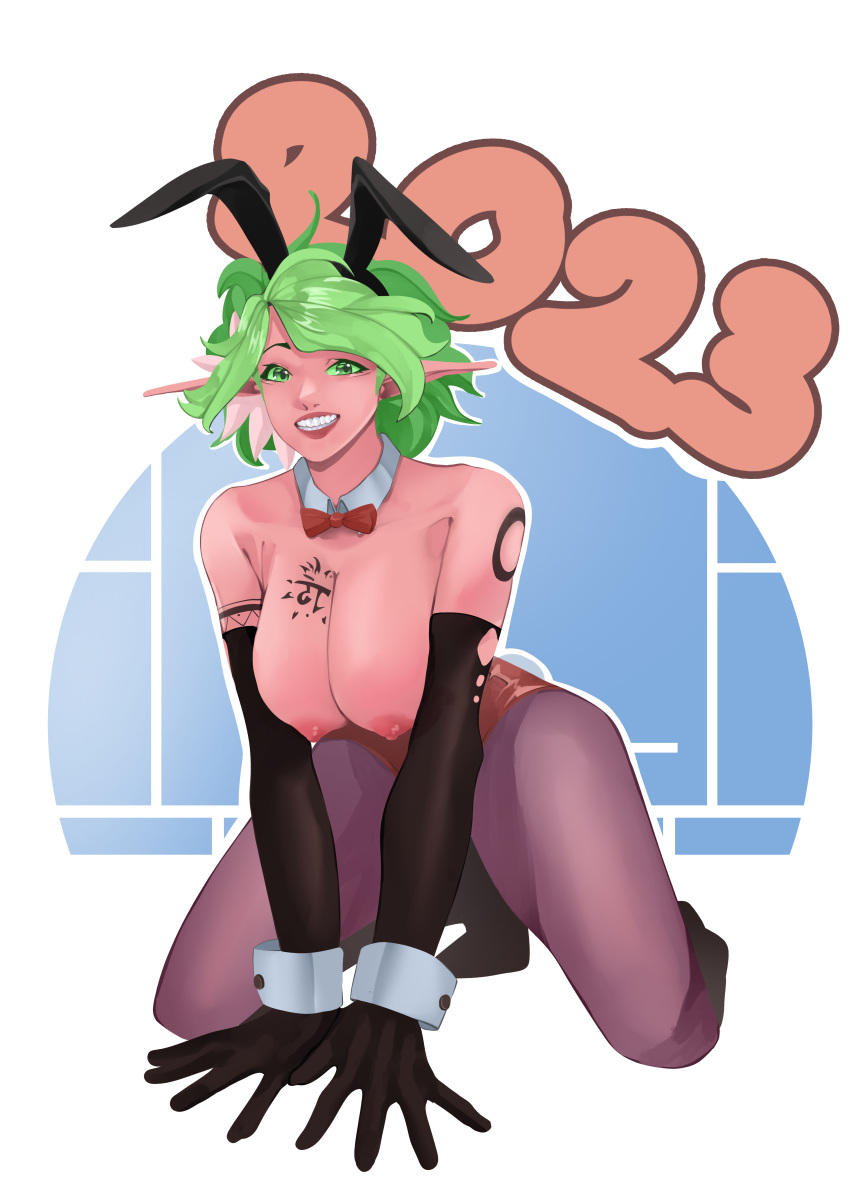 2023 areolae big_breasts bowtie bowtie_collar bunny_ears bunny_outfit costume cuff_links eladrin elf elf_ears elf_female green_eyes green_hair grinning grinning_at_viewer hanging_breasts happy kneeling looking_at_viewer on_all_fours original_character outfit pink_skin rikuje rithaea sleeves smiling smiling_at_viewer tattoo tattoos year_of_the_rabbit