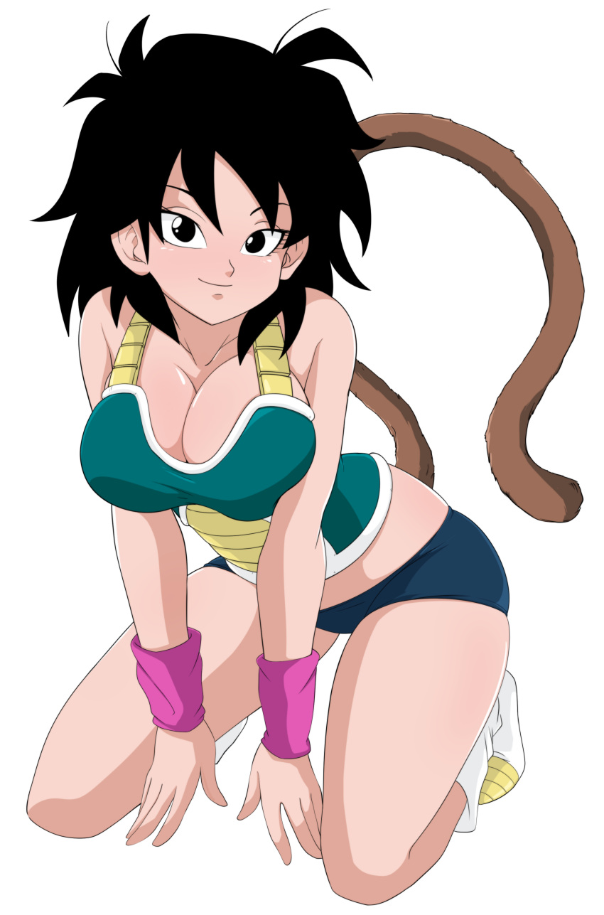 armor black_eyes black_hair boots breasts brown_tail caisama cleavage dragon_ball dragon_ball_super female_saiyan gine milf mother partially_clothed smile smiling spiky_hair tail thighs wristband wristbands