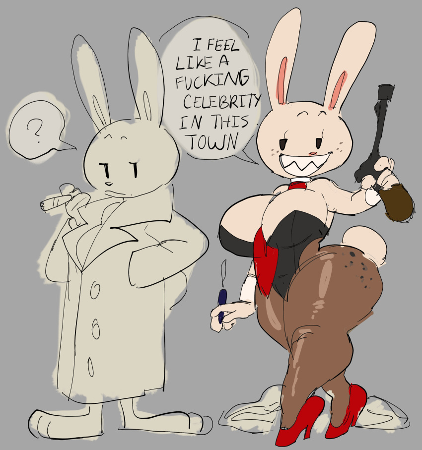 1girls ? anthro big_ass big_breasts big_butt breasts bunny_ears bunny_tail bunnysuit cigar cleavage clothing dedoggyskullz dialogue dot_eyes english_text female firearm freckles freckles_on_ass furry gun hand_in_pocket handgun high_heels holding_object holding_weapon huge_ass max_(sam_and_max) overcoat profanity rabbit rabbit_ears rabbit_tail red_high_heels rule_63 sam_and_max sharp_teeth shortstack simple_background solo solo_anthro solo_focus swear swearing tail text thick_thighs tie weapon wide_hips