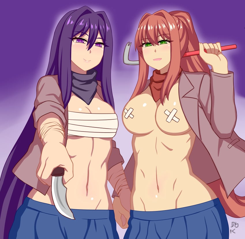 2girls almost_naked bandage bangs belly_button big_breasts blush breasts brown_hair crowbar delinquent doki_doki_literature_club female female_only green_eyes holding_hands jacket knife long_hair looking_at_viewer monika_(doki_doki_literature_club) multiple_girls neckerchief nipple_tape no_bra no_underwear open_jacket pasties ponytail purple_eyes purple_hair rolled_up_sleeves scarf scars self_harm_scars shikniful skirt smug smug_expression sukeban threatening threatening_viewer weapon weapon_over_shoulder weapons wrapped_breasts young_woman yuri_(doki_doki_literature_club)