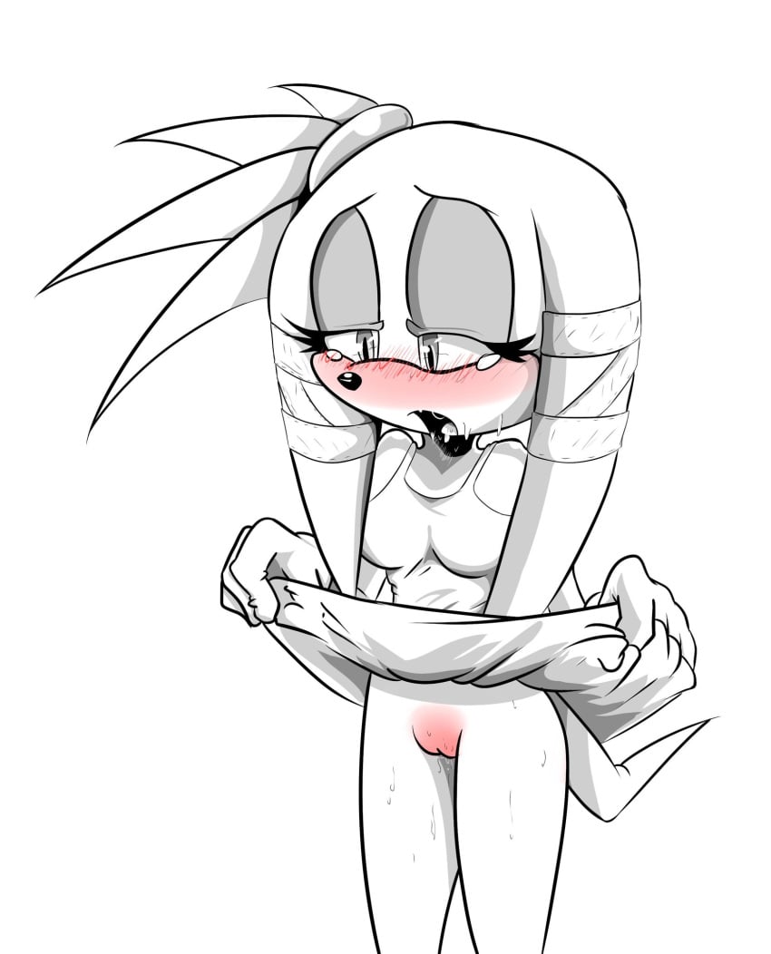 anthro black_and_white_and_red blush bottomless dress_lift heavy_breathing lifted_by_self littledog open_mouth pussy pussy_blush pussy_juice pussy_juice_trail solo sonic_(series) sonic_oc zirak_the_echidna