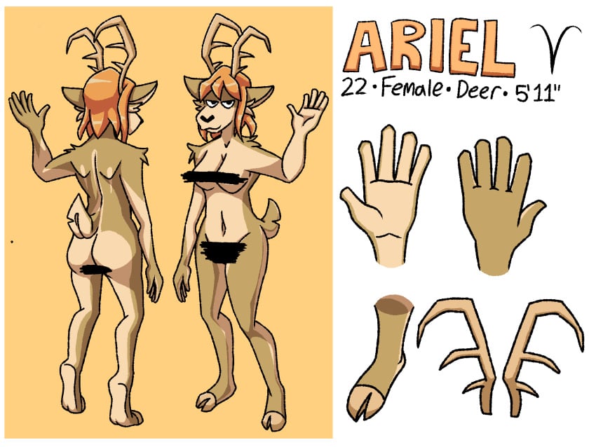 absurd_res anthro antlers ariel_(deerkid) ass black_nose breasts brown_body brown_fur censored character_name deer deer_girl deerkid english_text female fur hair hi_res hooves horn model_sheet navel nude orange_hair robablo simple_background smile solo tan_body tan_fur text yellow_background