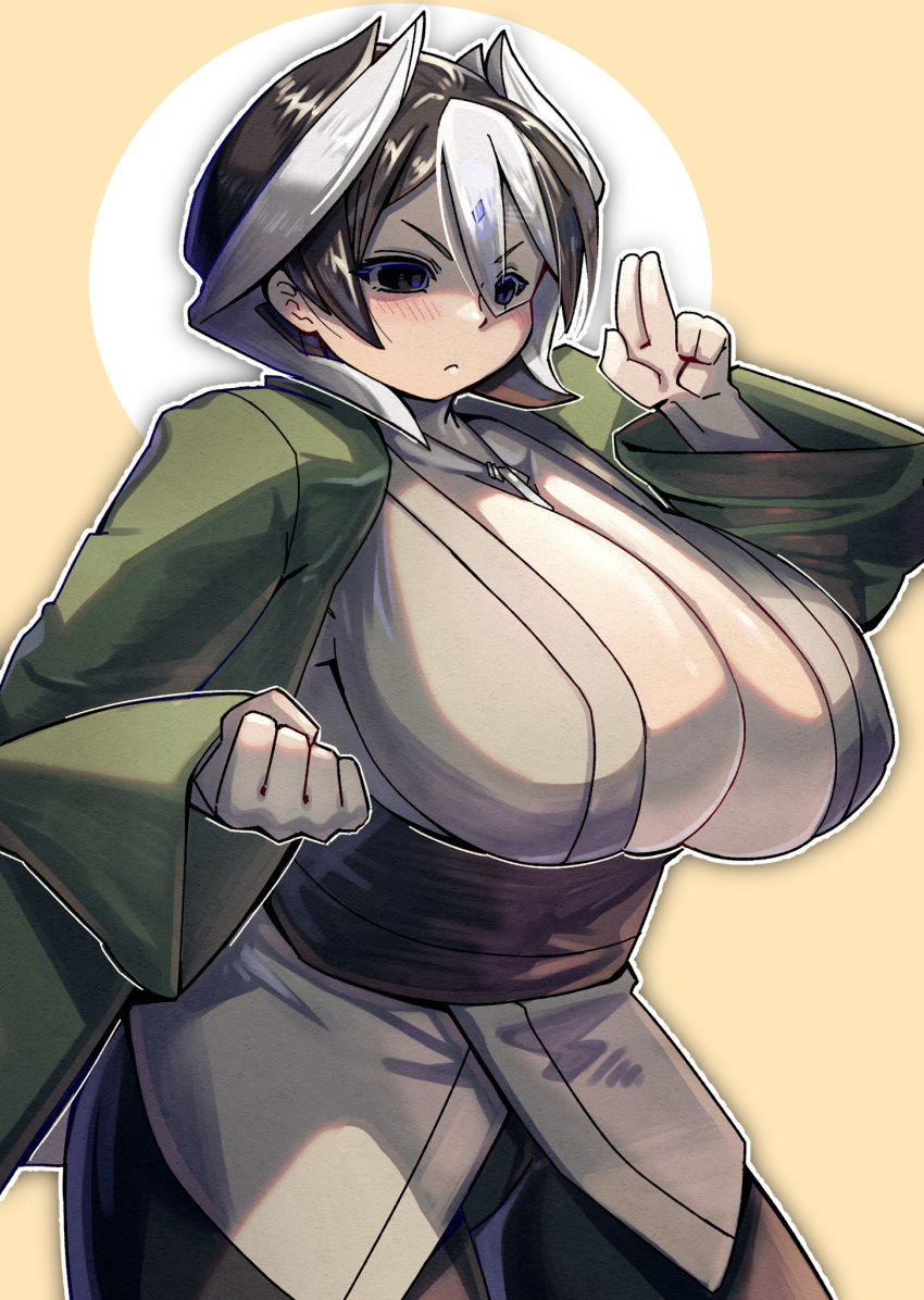 alternate_costume big_breasts black_and_white_hair black_eyes blush cleavage cosplay female female_only haori huge_breasts japanese_clothes kingofbandit156 made_in_abyss mature_female necklace obi ozen short_hair solo tsunade_(cosplay) two_tone_hair