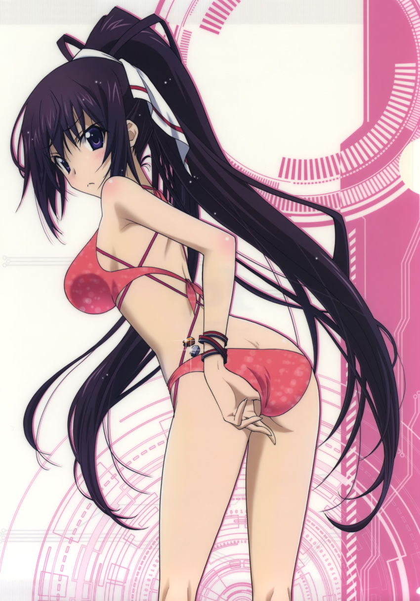 ass ass_focus back_facing_viewer bikini blue_eyes breasts brown_hair curvaceous curvy curvy_body curvy_female female female_only head_turned infinite_stratos looking_at_viewer looking_back looking_back_at_viewer official_art ponytail red_bikini ribbon shinonono_houki thong_pull white_ribbon wristband