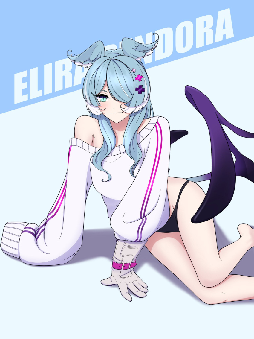 1girls bare_shoulders big_glove blue_hair dragon_girl dragon_wings elira_pendora exposed_shoulders glove hair_covering_eye hair_over_one_eye hair_wings head_wings hi_res highres hip_wings jellycat light_blush looking_at_viewer loose_clothes loose_sweater mole mole_on_chest nijisanji nijisanji_en no_pants one_eye_covered one_eye_obstructed panties solo solo_female solo_focus sweater virtual_youtuber wings x_hair_ornament