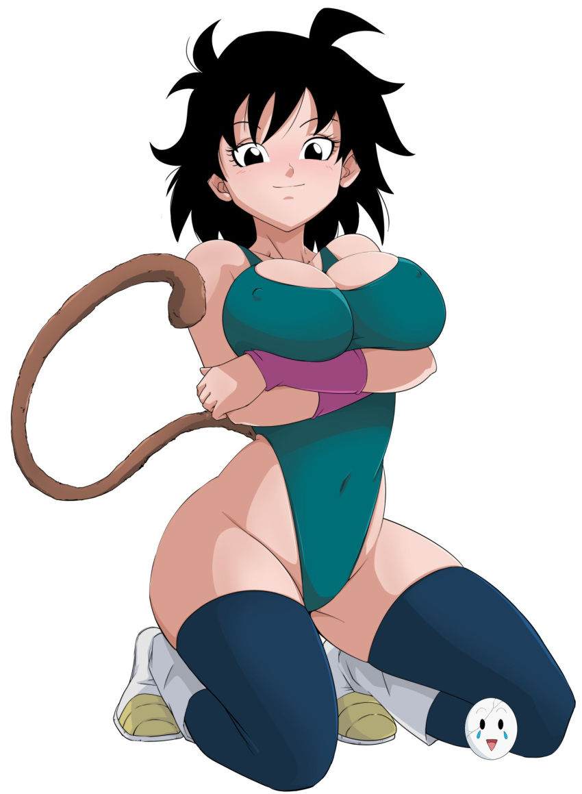 arms_crossed arms_crossed_under_breasts black_eyes black_hair boots breasts brown_tail caisama cleavage dragon_ball dragon_ball_super gine milf mother partially_clothed slight_blush smile smiling spiky_hair tail thighs wristband wristbands