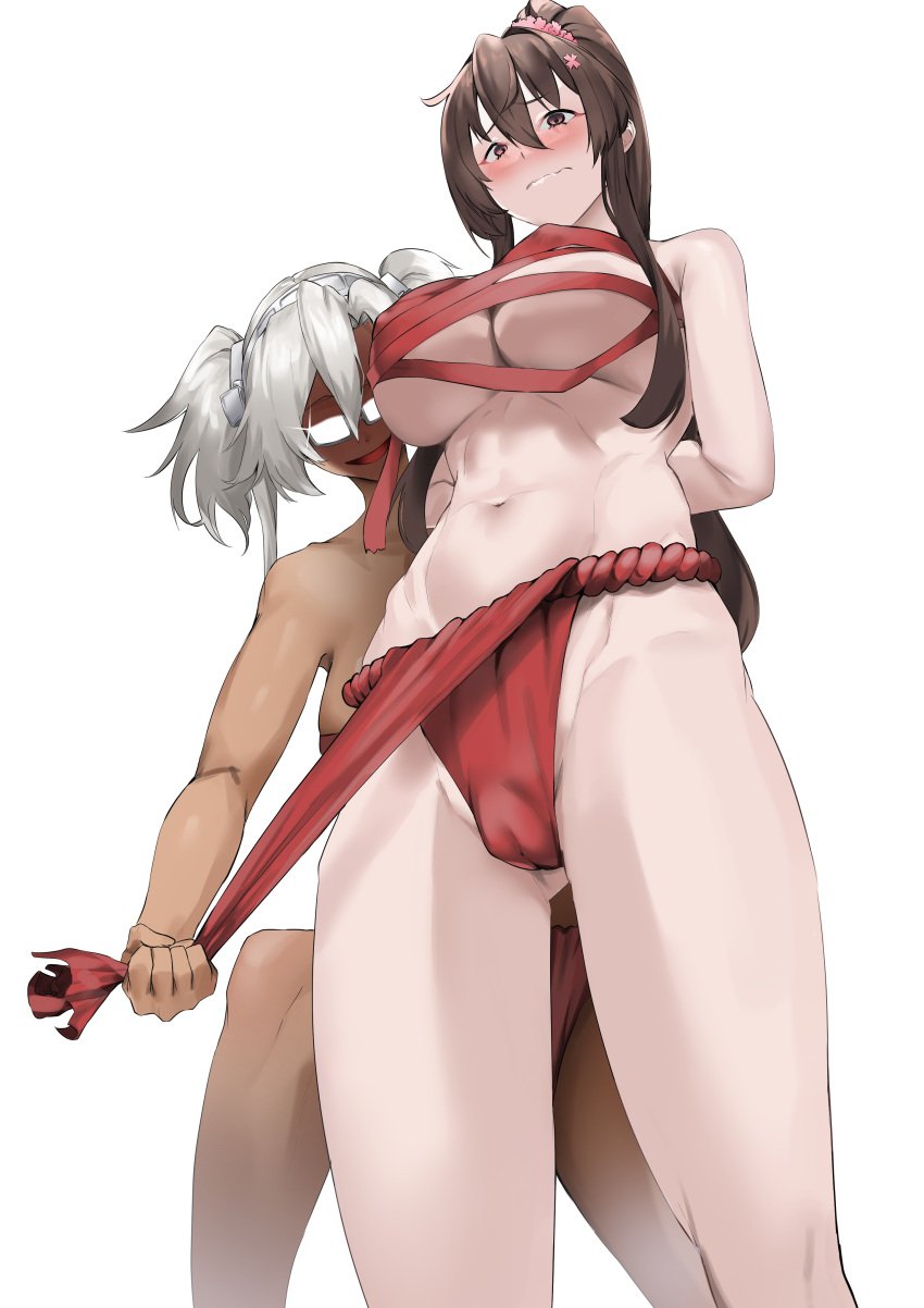 2girls arms_behind_back ass_visible_through_thighs blush breasts brown_eyes brown_hair budget_sarashi cameltoe chest_sarashi covered_nipples dark-skinned_female dark_skin embarrassed evil_smile flower fundoshi fundoshi_pull glasses glint glowing_glasses grey_hair hair_between_eyes hair_flower hair_ornament headband headgear high_ponytail highres hip_focus humiliation japanese_clothes kantai_collection large_breasts long_hair multiple_girls musashi_(kantai_collection) navel opaque_glasses open_mouth pink_flower ponytail pulled_by_another red_fundoshi red_ribbon ribbon sarashi sebakanken smile twintails wavy_mouth white_background yamato_(kantai_collection) yuri