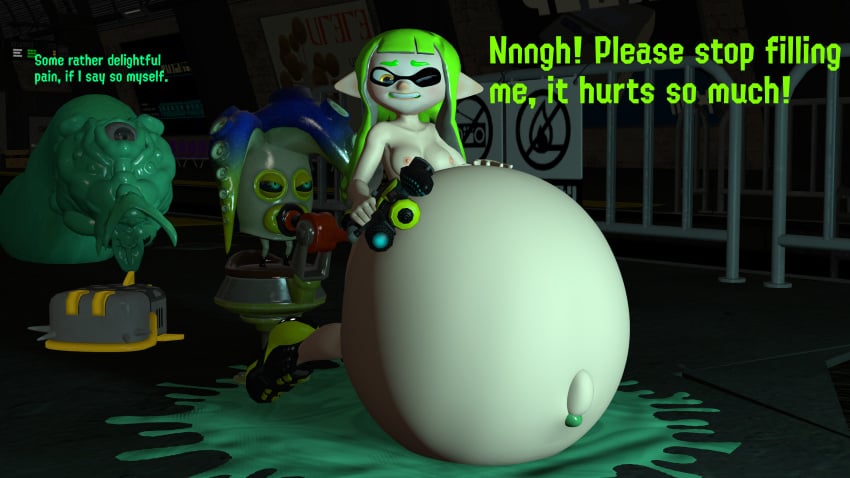 3d agent_3_(splatoon) belly_button big_belly bloated_belly captain_(splatoon_3) commander_tartar crying dialogue green_hair hyper_belly inflation inkling inkling_girl mutant octarian one_eye_closed orange_eyes outie_navel sfm source_filmmaker splatoon tears