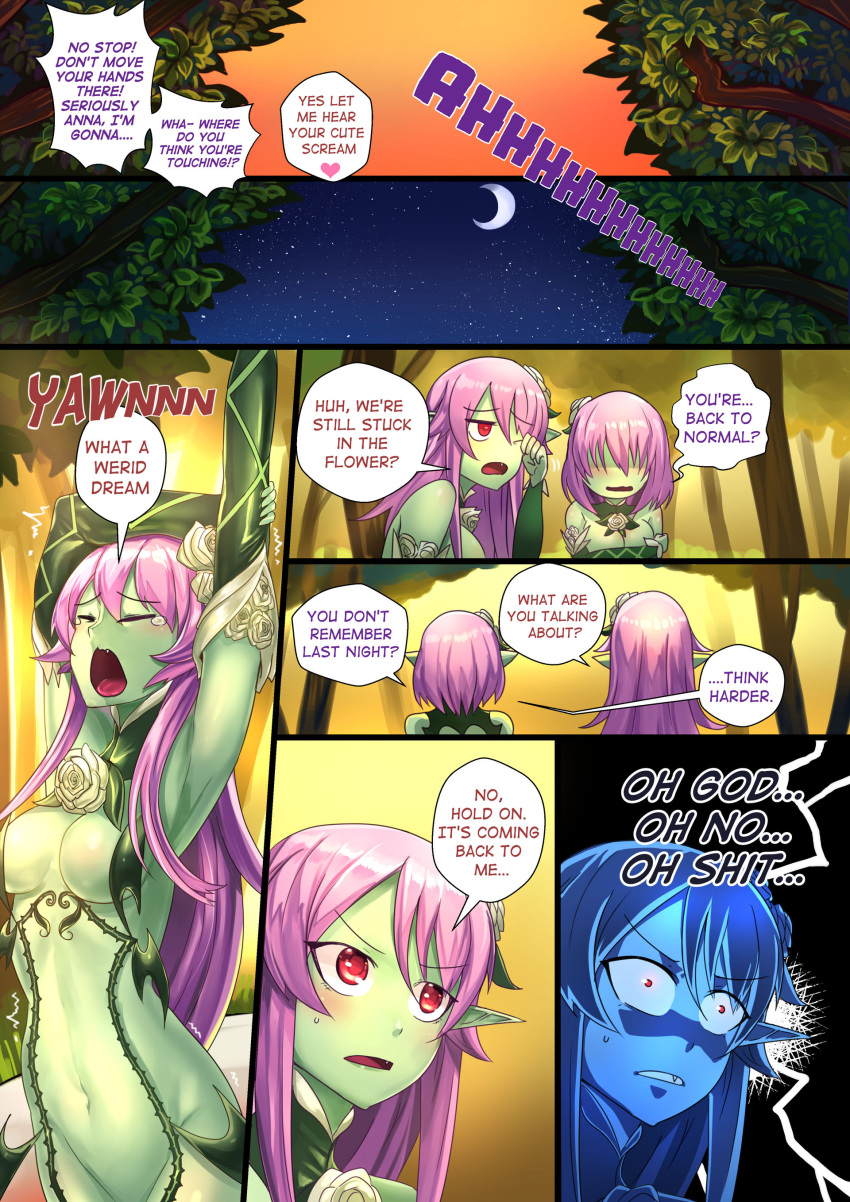 2girls blush comic_page fused fusion green_skin ibenz009 liliraune_(monster_girl_encyclopedia) long_hair merged merging monster_girl_encyclopedia oerba_yun_fang plant_girl plant_transformation pointy_ears purple_hair short_hair waking_up yawning yuri