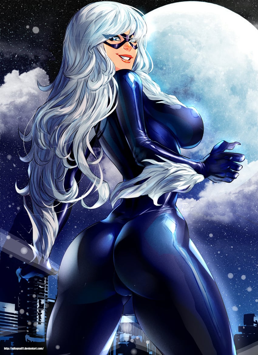 1girls 2021 absurd_res ass black_cat_(marvel) blue_eyes bodysuit bubble_ass bubble_butt costume dat_ass detailed_background eye_mask felicia_hardy female female_only long_hair looking_at_viewer looking_back looking_back_at_viewer marvel marvel_comics rear_view smiling smiling_at_viewer solo spider-man_(series) teeth_showing thick_thighs white_hair xdtopsu01